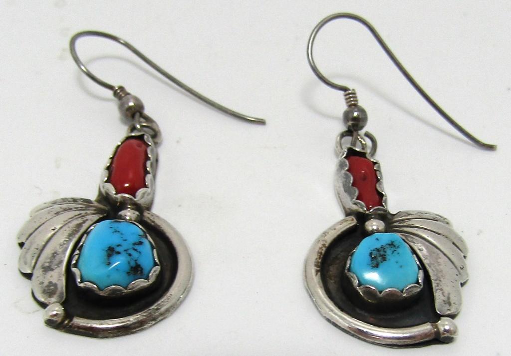 STERLING SILVER TURQUOISE RED CORAL EARRINGS