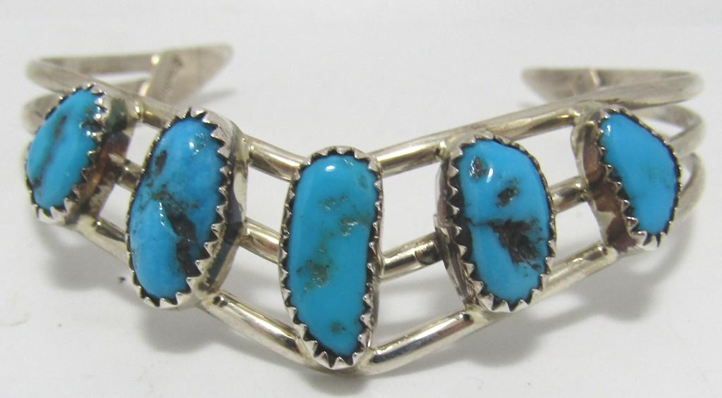 SIGNED H TURQUOISE STERLING SILVER CUFF BRACELET
