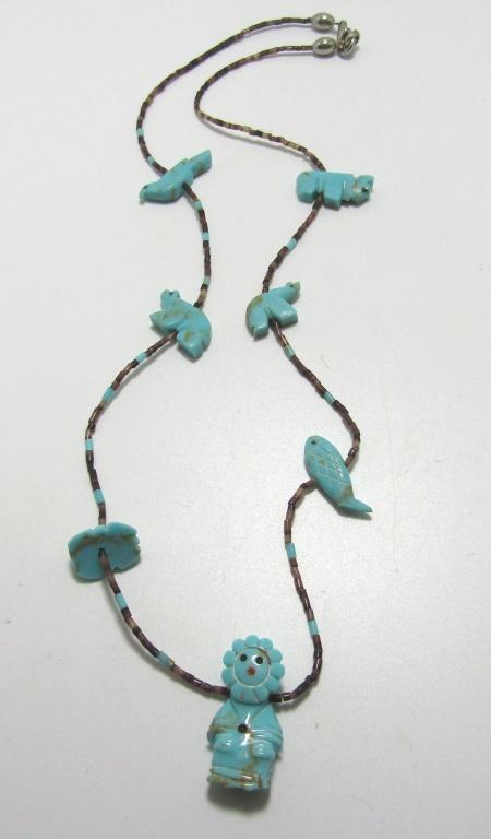 TURQUOISE FETISH HEISHI BEAD KACHINA NECKLACE