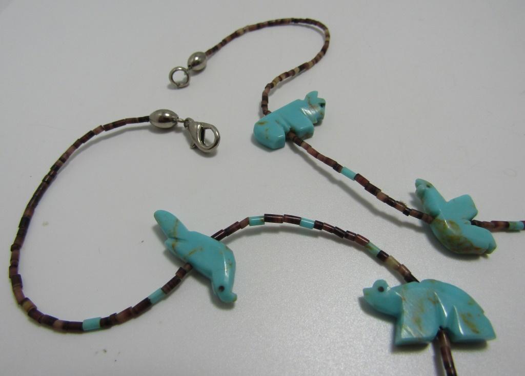 TURQUOISE FETISH HEISHI BEAD KACHINA NECKLACE