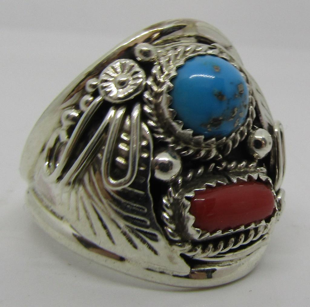 SPENCER TURQUOISE CORAL RING STERLING SILVER SZ 13