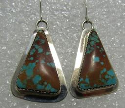 SIGNED BBT #8 TURQUOISE EARRINGS STERLING SILVER