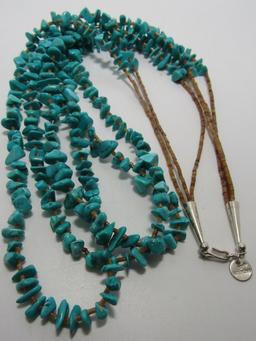 3 STRAND TURQUOISE NUGGET NECKLACE STERLING SILVER