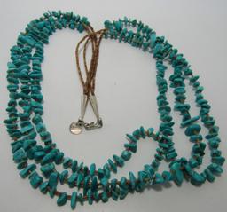 3 STRAND TURQUOISE NUGGET NECKLACE STERLING SILVER