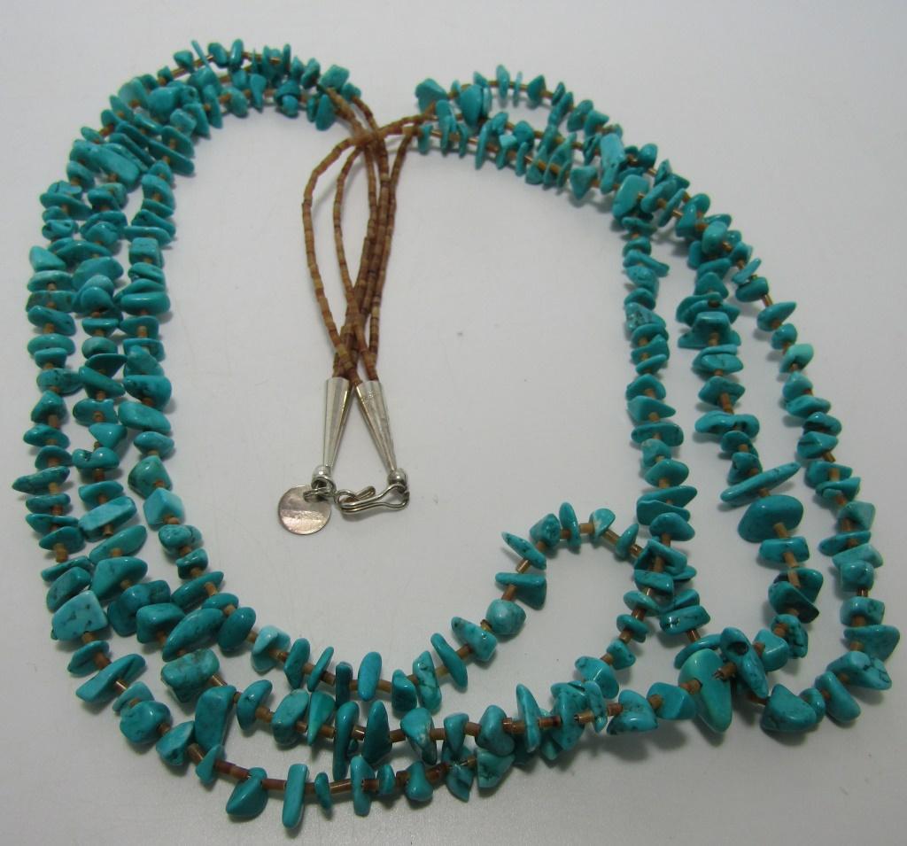 3 STRAND TURQUOISE NUGGET NECKLACE STERLING SILVER