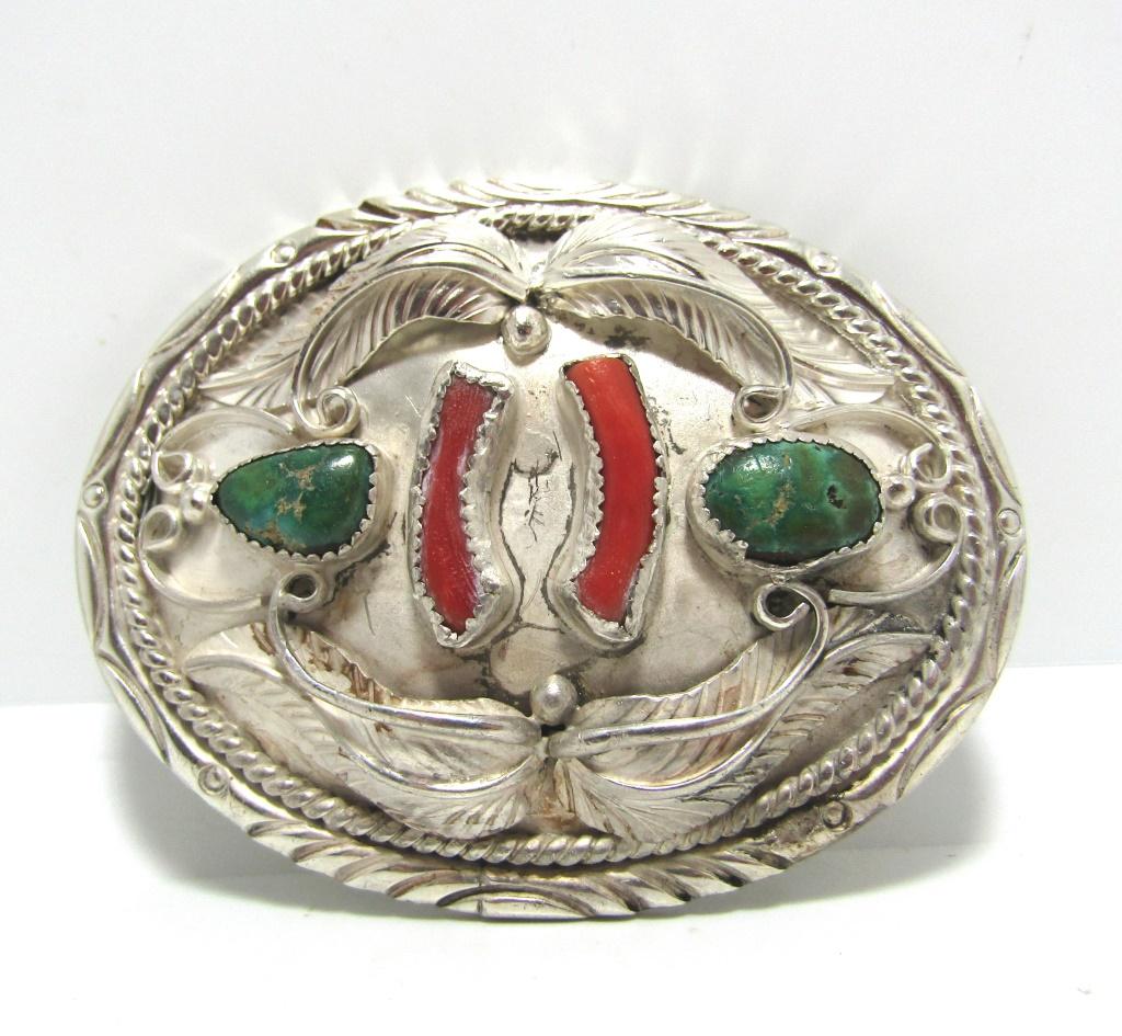 3" STERLING TURQUOISE CORAL BELT BUCKLE