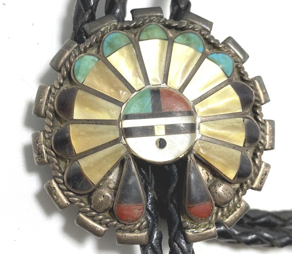 OLD PAWN STERLING SUNFACE BOLO TIE