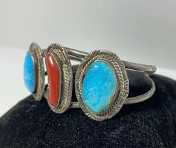 STERLING RED CORAL TURQUOISE NAVAJO BRACELET