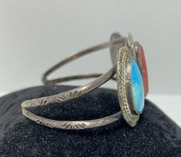STERLING RED CORAL TURQUOISE NAVAJO BRACELET