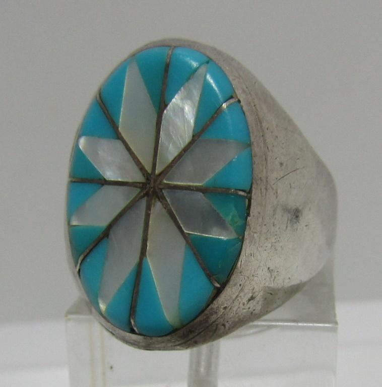 INLAY TURQUOISE MOP RING STERLING SILVER SIZE 8