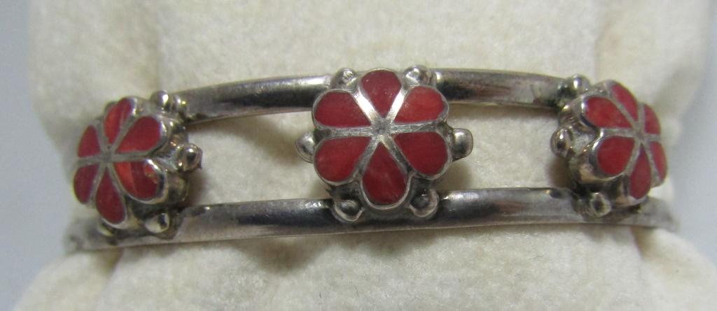 INLAY CORAL CUFF BRACELET STERLING SILVER