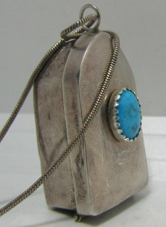 TURQUOISE PILL BOX PENDANT NECKLACE STERLING SILVE