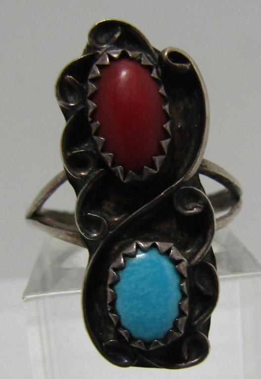 "V" TURQUOISE CORAL RING STERLING SILVER