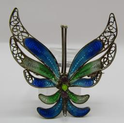 ENAMEL BUTTERFLY PIN 800 STERLING SILVER FILIGREE