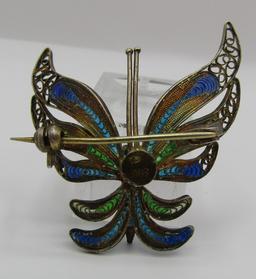 ENAMEL BUTTERFLY PIN 800 STERLING SILVER FILIGREE