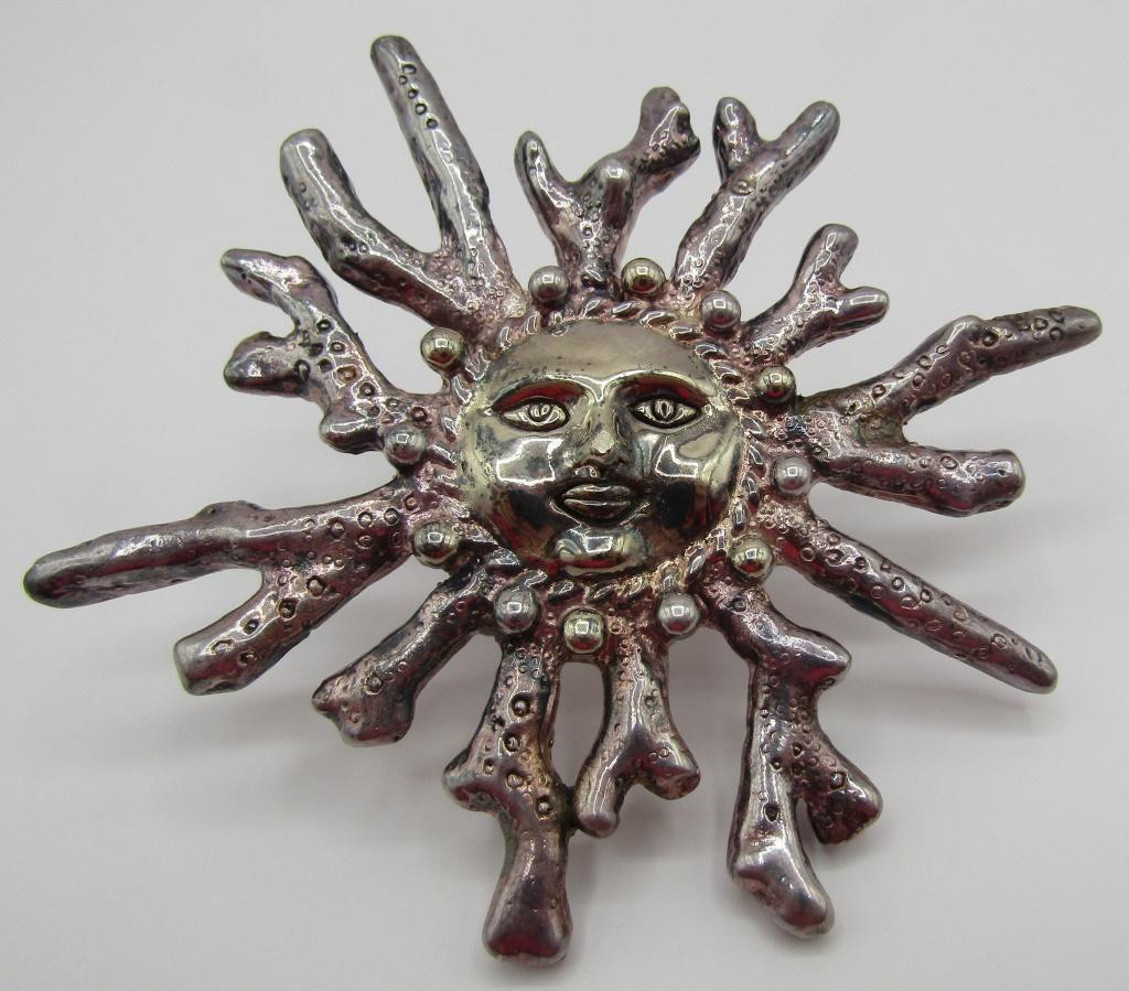 3.5" SUNFACE PIN NECKLACE STERLING SILVER BROOCH