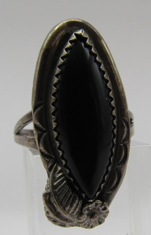 SIGNED "E" ELLA COWBOY ONYX RING STERLING SILVER