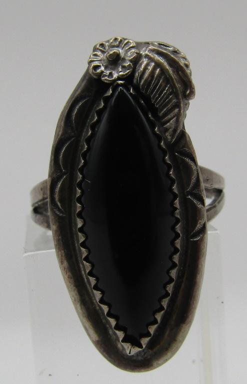 SIGNED "E" ELLA COWBOY ONYX RING STERLING SILVER