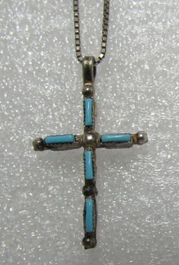 TURQUOISE & CORAL CROSS PENDANT NECKLACE STERLING