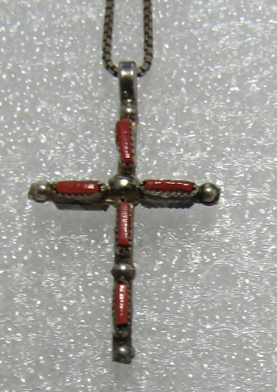 TURQUOISE & CORAL CROSS PENDANT NECKLACE STERLING