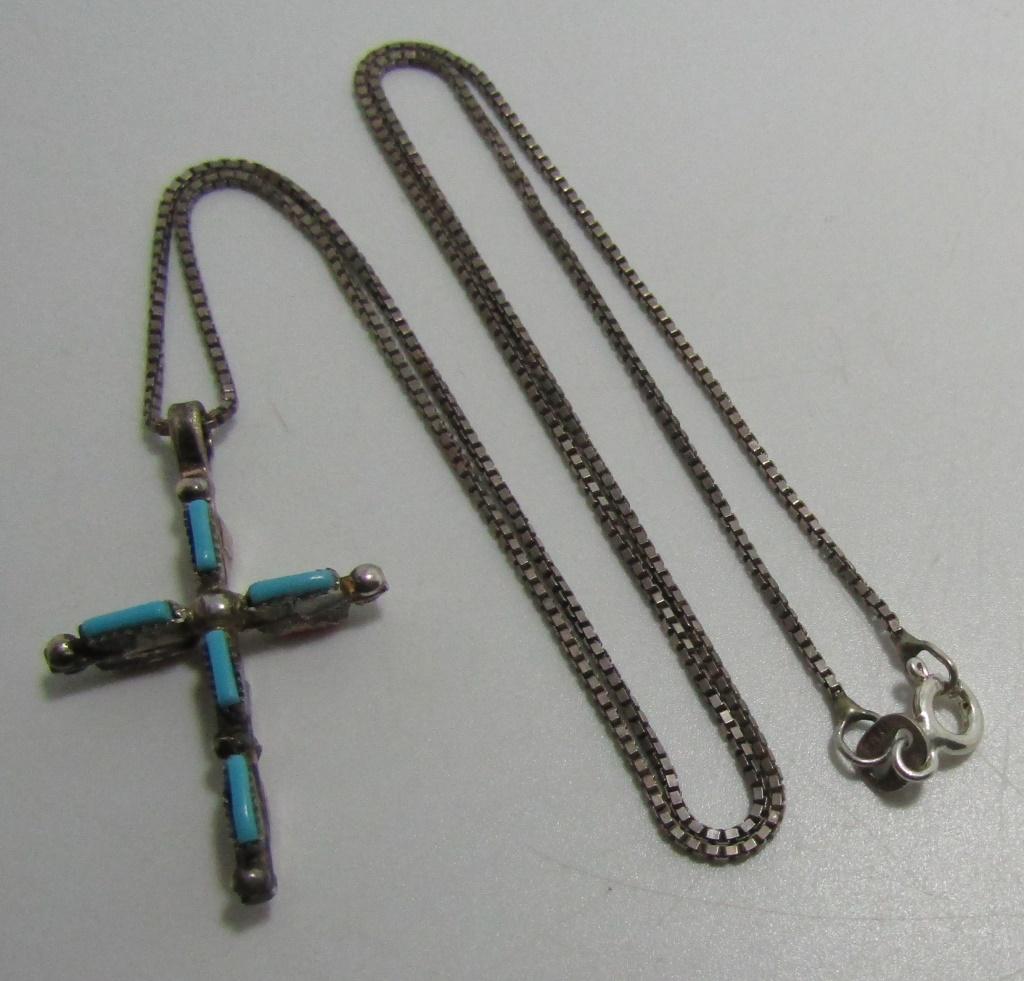 TURQUOISE & CORAL CROSS PENDANT NECKLACE STERLING
