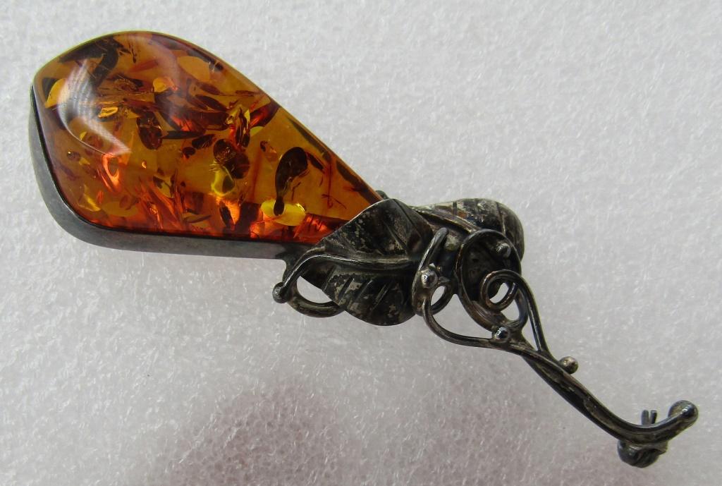 FOSSILIZED BALTIC AMBER PIN STERLING SILVER BROOCH