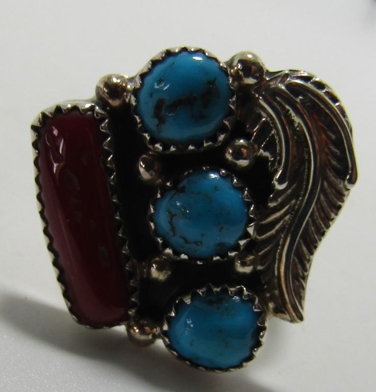 "D" TURQUOISE CORAL RING STERLING SILVER SIZE 9