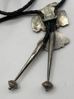 STERLING ZUNI PEYOTE BIRD BOLO TIE TURQUOISE