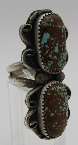 HUGE "V V" SPIDERWEB TURQUOISE RING STERLING SILVE