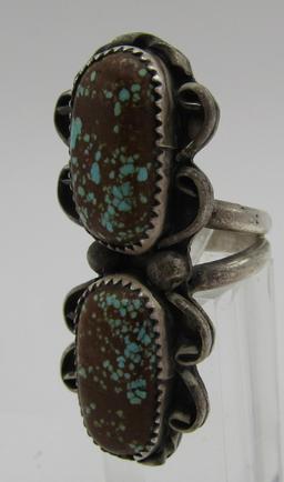 HUGE "V V" SPIDERWEB TURQUOISE RING STERLING SILVE