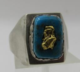 GOLD NUGGET TURQUOISE RING STERLING SILVER