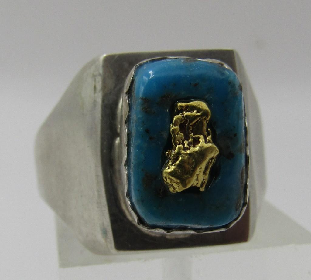 GOLD NUGGET TURQUOISE RING STERLING SILVER