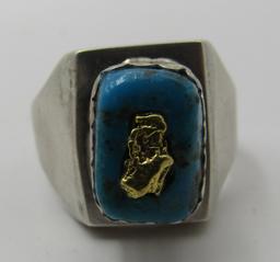 GOLD NUGGET TURQUOISE RING STERLING SILVER
