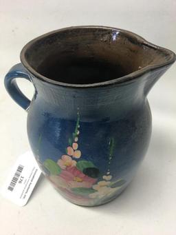 Vintage Stoneware Pitcher W/Hand Painted Florals