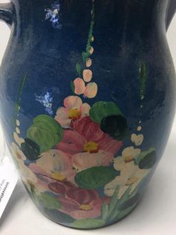 Vintage Stoneware Pitcher W/Hand Painted Florals