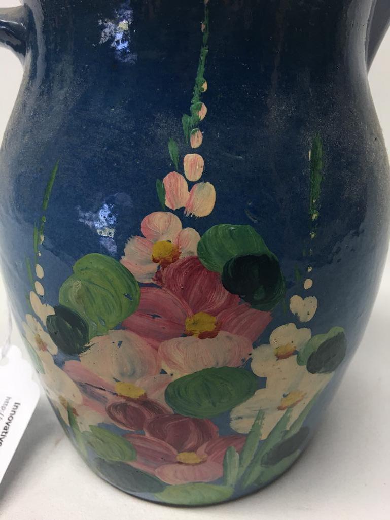 Vintage Stoneware Pitcher W/Hand Painted Florals