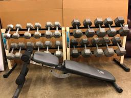 Two Weider DB36 Dumbell Racks with 15-65lb Dumbells and a Golds Gym Adjustable Bench