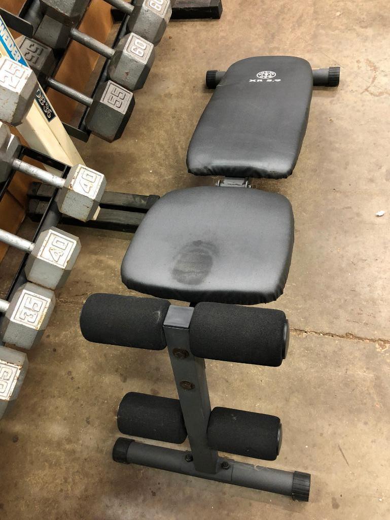 Two Weider DB36 Dumbell Racks with 15-65lb Dumbells and a Golds Gym Adjustable Bench