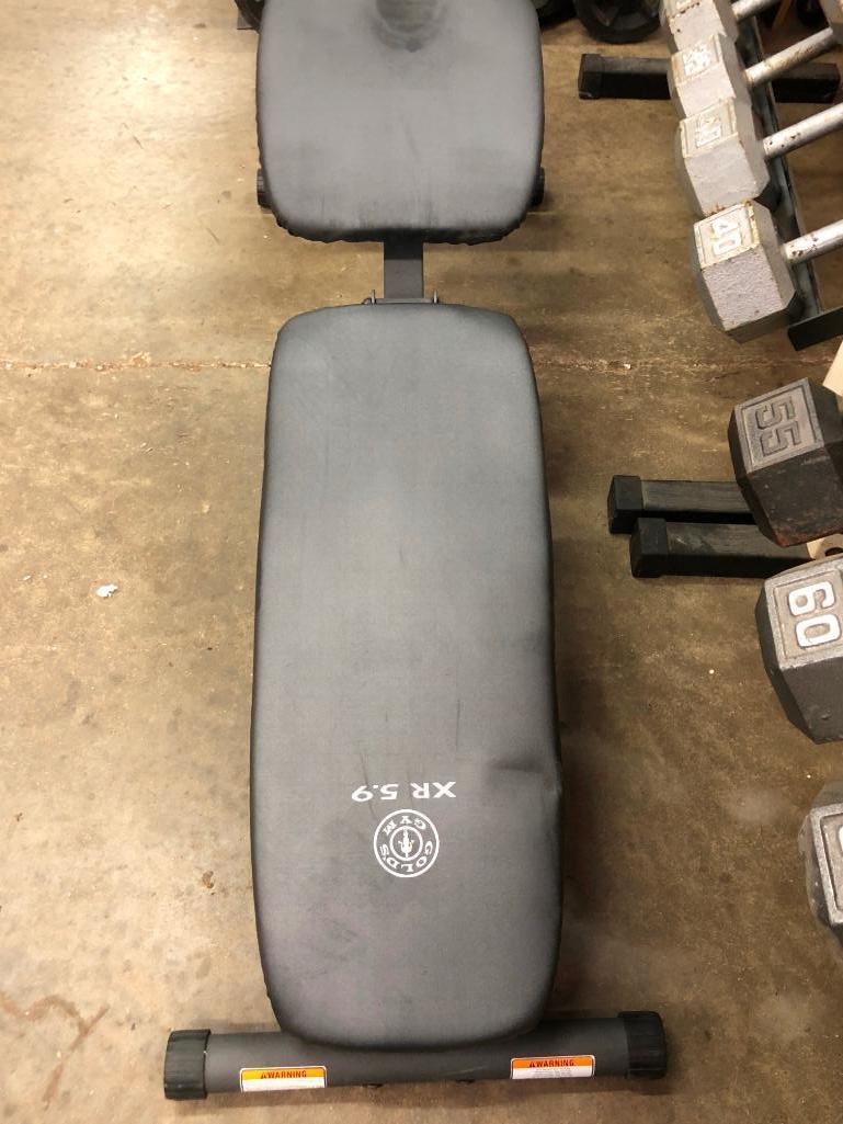 Two Weider DB36 Dumbell Racks with 15-65lb Dumbells and a Golds Gym Adjustable Bench