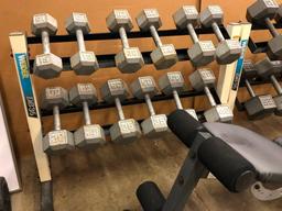 Two Weider DB36 Dumbell Racks with 15-65lb Dumbells and a Golds Gym Adjustable Bench