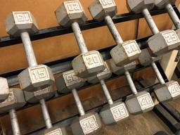 Two Weider DB36 Dumbell Racks with 15-65lb Dumbells and a Golds Gym Adjustable Bench