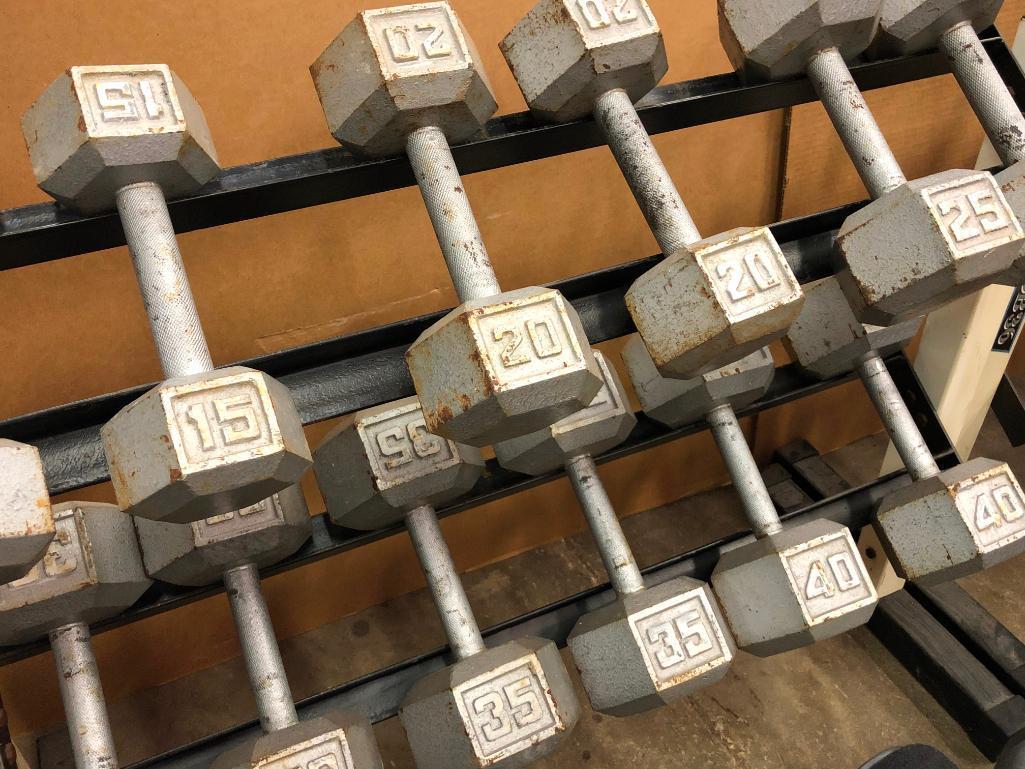 Two Weider DB36 Dumbell Racks with 15-65lb Dumbells and a Golds Gym Adjustable Bench