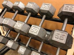 Two Weider DB36 Dumbell Racks with 15-65lb Dumbells and a Golds Gym Adjustable Bench