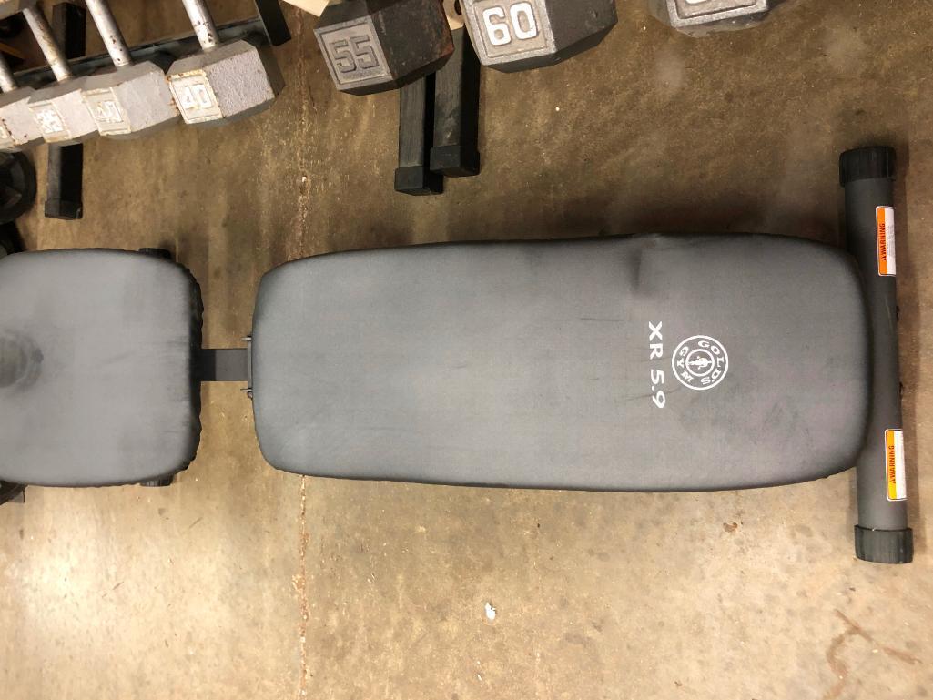 Two Weider DB36 Dumbell Racks with 15-65lb Dumbells and a Golds Gym Adjustable Bench