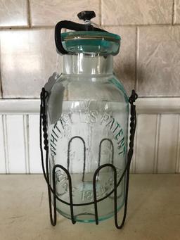 Antique Canning Jar In Wire Holder "Millville Atmospheric Fruit Jar"