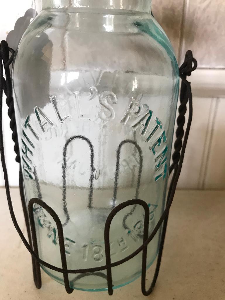 Antique Canning Jar In Wire Holder "Millville Atmospheric Fruit Jar"