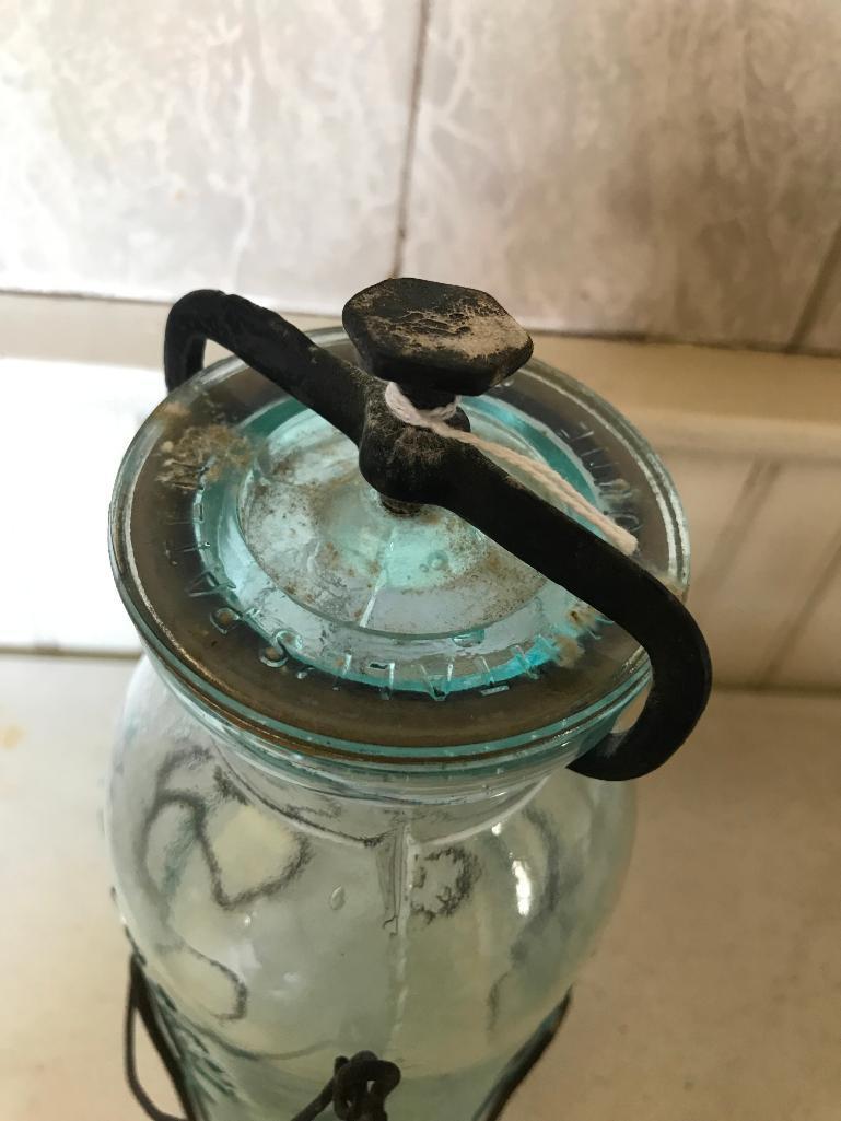 Antique Canning Jar In Wire Holder "Millville Atmospheric Fruit Jar"