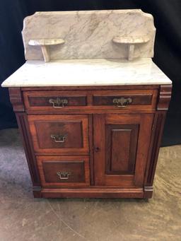 Antique Victorian Walnut Wash Stand W/Marble Top, Candle Holders, & Back Splash