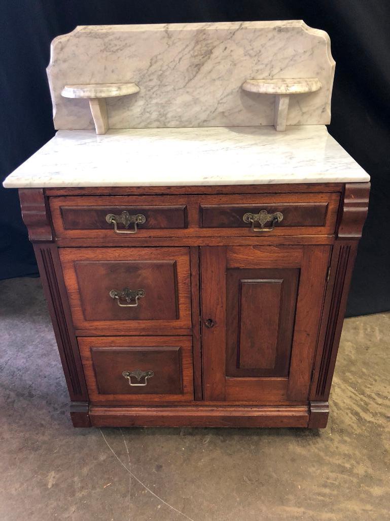 Antique Victorian Walnut Wash Stand W/Marble Top, Candle Holders, & Back Splash
