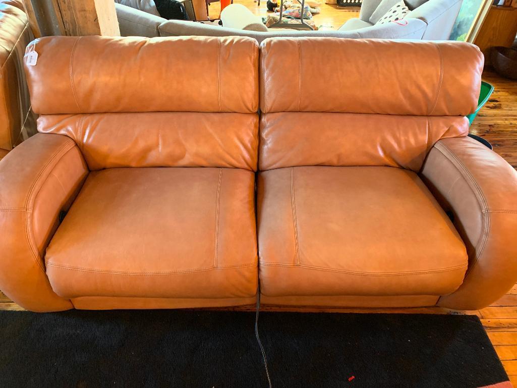 Leather 2-Cushion Couch W/Recliner On Each End